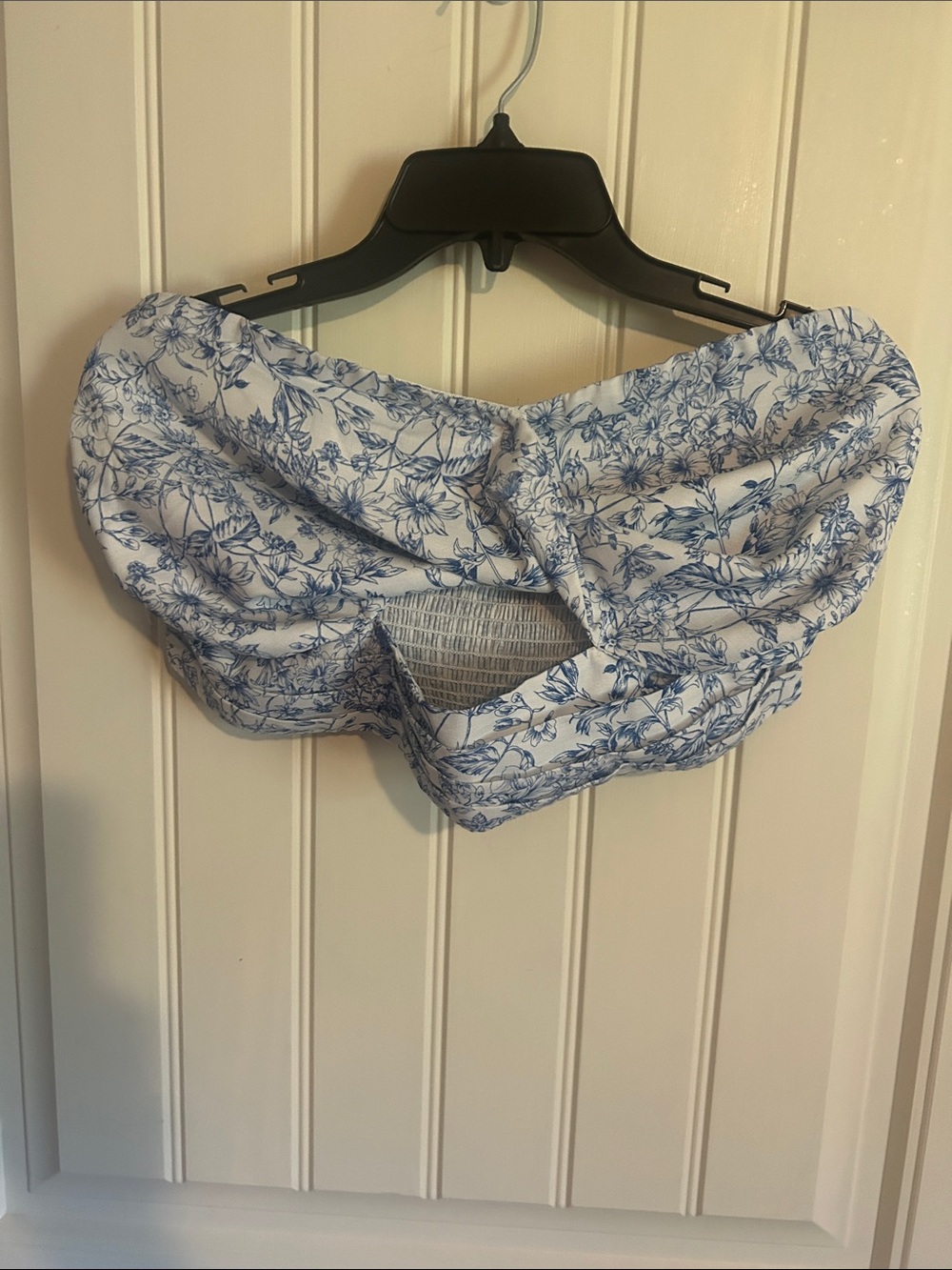 SHEIN Blue and White Floral Off-Shoulder Crop Top